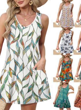 Printed slip loose casual sleeveless dress印花吊带无袖连衣裙