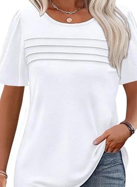 Solid color loose crew neck pleated T-shirt  宽松圆领褶皱T恤