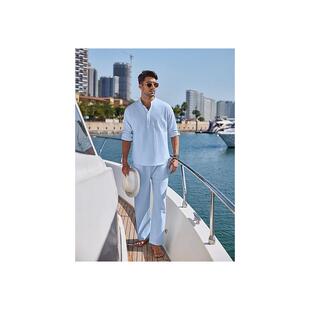 Cotton and linen henley shirt trouser set棉麻亨利衫+长裤套装