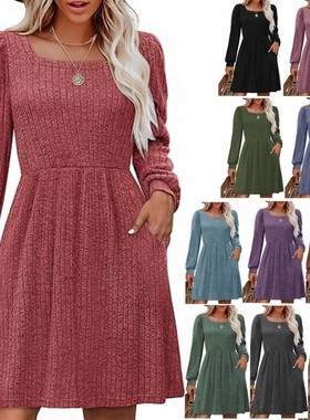 Square neck pocket knitted sweater dress  口袋针织毛衣连衣裙