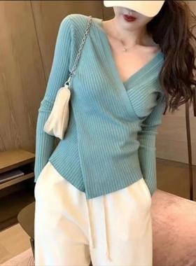 Solid color long sleeve cross-knit slim top 交叉针织修身上衣