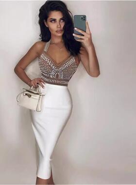 Sexy V-neck studded bead midi bandage dress性感V领钉珠绷带裙