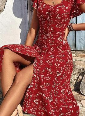 Hot Selling Floral Square Neck Button Dress 碎花方领纽扣女裙