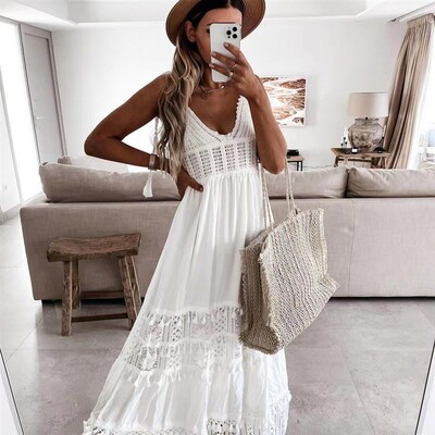 Casual lace panelled sleeveless maxi dress蕾丝拼接无袖连衣裙