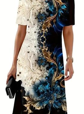 Printed crewneck pullover A-line dress 印花圆领套头A字连衣裙