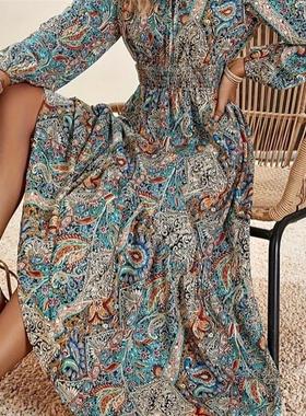 Printed versatile long-sleeved ruffled dress印花荷叶边连衣裙