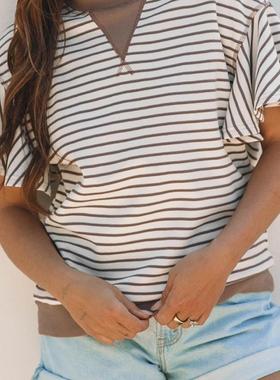 Hot Selling Trend Stripe Print Loose T-Shirt 条纹印花宽松T恤