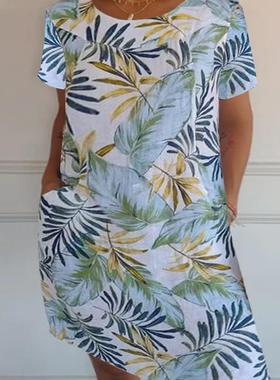 Casual print crew neck pocket beach dress 印花圆领口袋沙滩裙