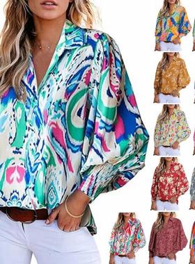 Long-sleeved printed balloon sleeve shirt 印花翻领灯笼袖衬衫