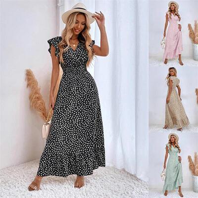 V-neck, waist-cinching, ruffled maxi dress V领收腰荷叶边长裙