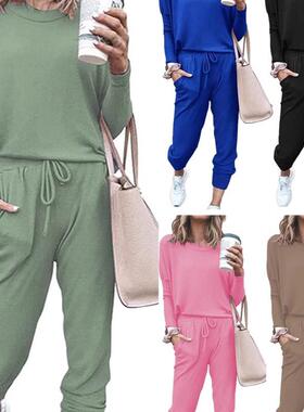 Crew neck drawstring high-waisted pants set 圆领衫抽绳裤套装