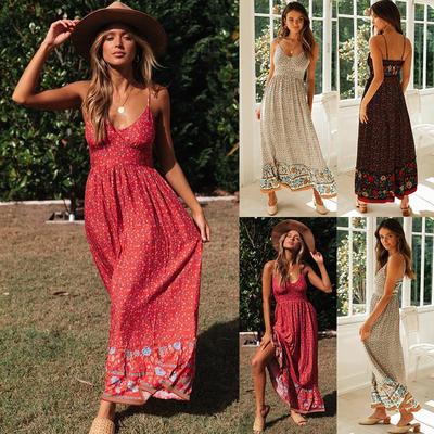 Bohemian V-neck slip floral swing dress吊带碎花V领大摆连衣裙