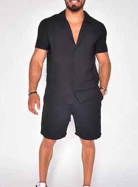 Hot selling casual lapel cotton and linen set  翻领棉麻套装