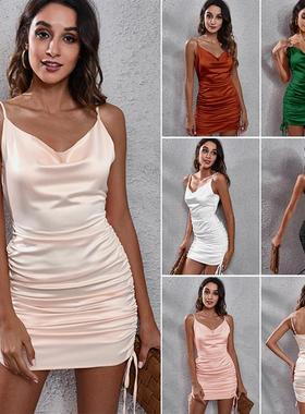 Drawstring satin V-neck shirred slip dress抽绳缎面抽褶连衣裙