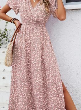 V-neck elasticated waist short-sleeved dress松紧腰短袖连衣裙