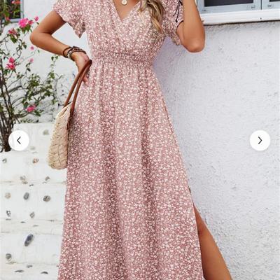 V-neck elasticated waist short-sleeved dress松紧腰短袖连衣裙