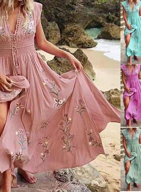 V-neck French beach bohemian print dress  法式沙滩印花连衣裙