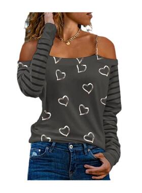 Stylish love print slim long sleeve T-shirt  爱心印花修身T恤