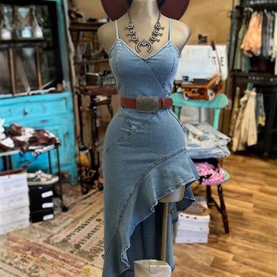 Unilateral diagonal skirt slip denim dress  单边斜裙摆牛仔裙