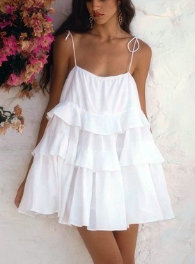 Multi-layered ruffled backless slip dress  荷叶边露背吊带裙