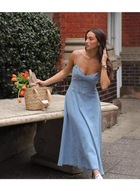 Hot selling suspender imitation denim dress 吊带仿牛仔连衣裙