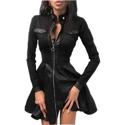 Stylish PU leather patchwork waist dress  PU皮拼接收腰连衣裙