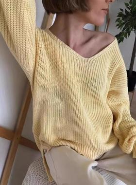 Solid V-neck pullover knit slit sweater  纯色V领针织开叉毛衣