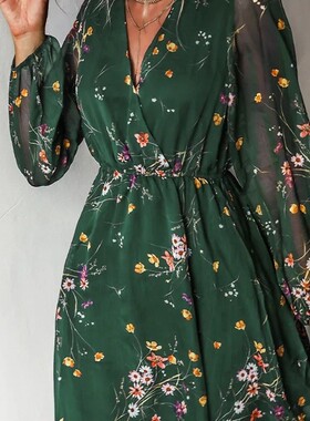 V-neck chiffon print floral sheer skirtV领雪纺印花碎花透视裙