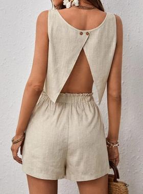 Cotton-linen sleeveless top and shorts set  棉麻上衣短裤套装