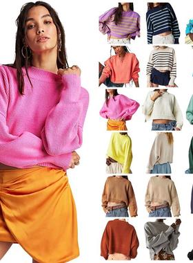 Crew neck solid color loose pullover knit 圆领宽松套头针织衫