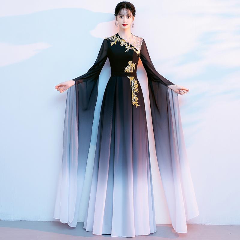 渐变黑色大合唱团演出服新款女长裙舞台比赛艺考古筝演奏礼服显瘦