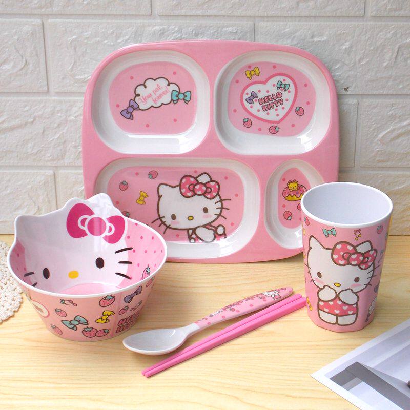 可爱kitty猫卡通儿童餐具套装 宝宝分格餐盘女孩饭碗杯勺家用防烫