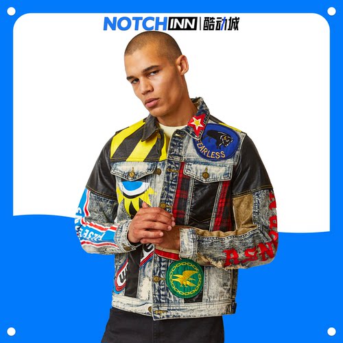 美国进口 REASON CRAZED 原因复古街头潮流机车印花拼接牛仔外套