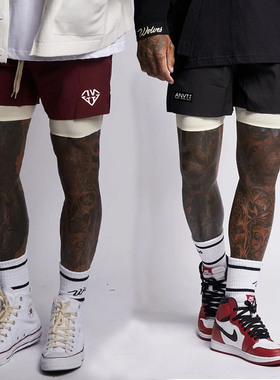 夏季假两件美式篮球短裤男不过膝跑步训练三分速干双层健身运动裤