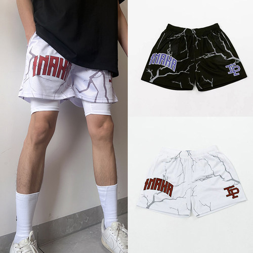 IP新款假两件闪电美式篮球短裤男