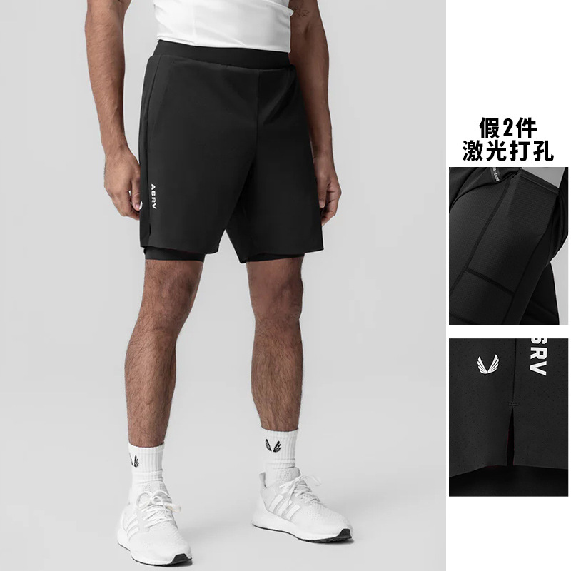 ASRV男士健身双层运动短裤假两件美式男速干跑步骑行五分裤带内衬