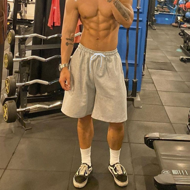 灰色美式休闲运动短裤男健身5分裤宽松直筒深蹲训练篮球裤棉夏季