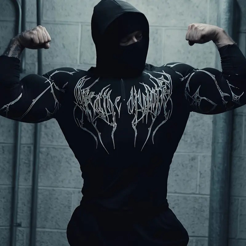 美式印花健身长袖T恤男子骑行服