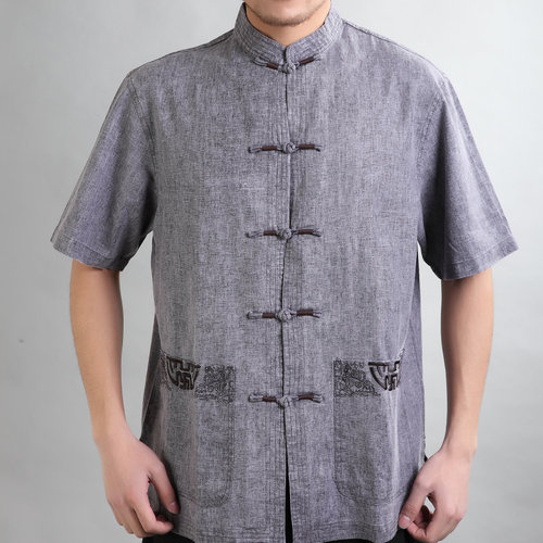 打折扣唐装男中式短袖粗布汉服民族服装棉亚麻夏装男士上衣紫灰色