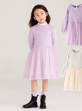 安奈儿女童春秋装圆领长袖连衣裙