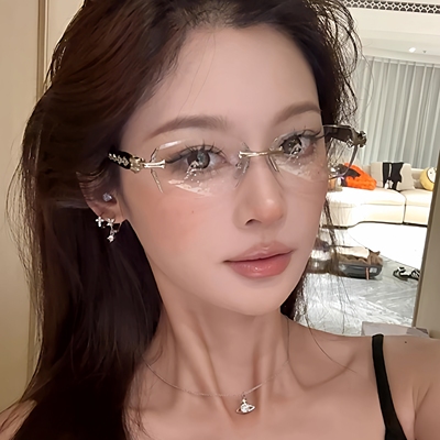 复古雕花无框眼镜女近视可配度数钻石切边纯欲风小众Y2K千禧辣妹