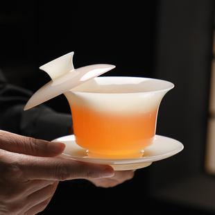 高档薄胎璞玉冰种陶瓷盖碗悬停三才碗不烫手泡茶碗大容量白瓷茶具