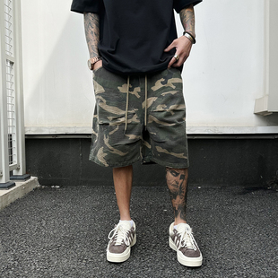 男女宽松直筒五分裤 短裤 子 vintage复古刺绣膝盖迷彩工装 UNAps夏季