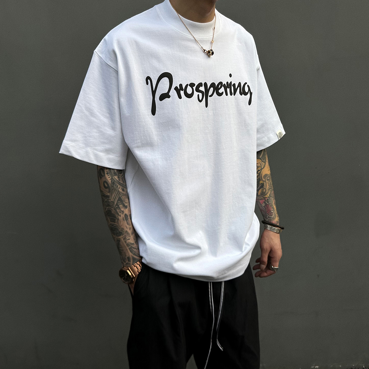 320克重磅双纱落肩印花短袖T恤