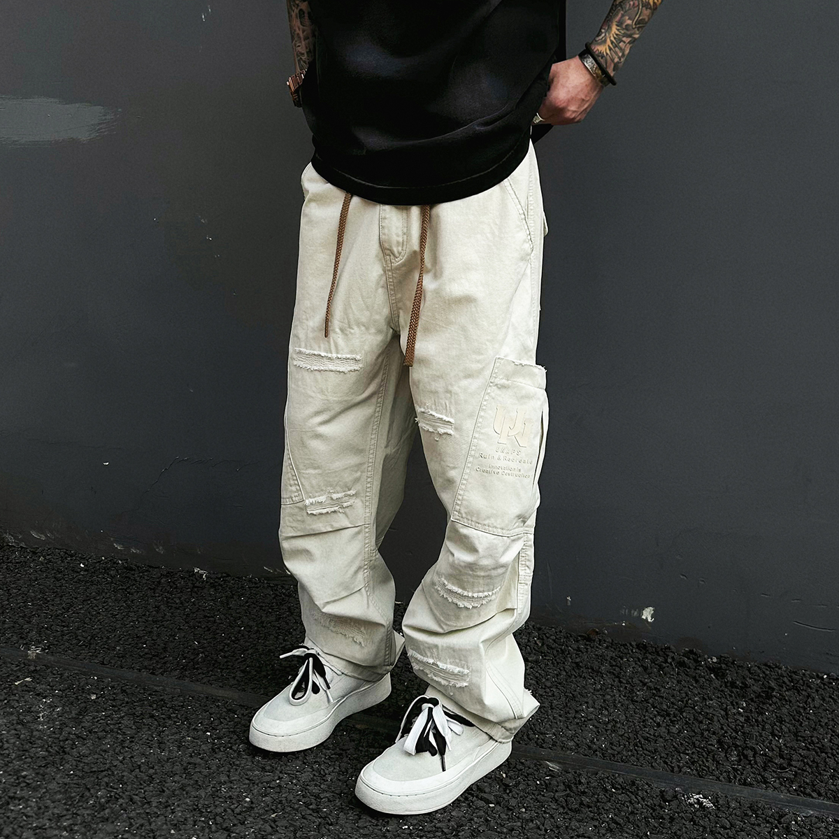 复古重工补丁刺绣工装裤直筒裤子