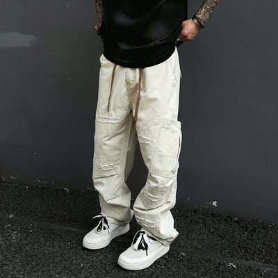 复古重工补丁刺绣工装裤直筒裤子