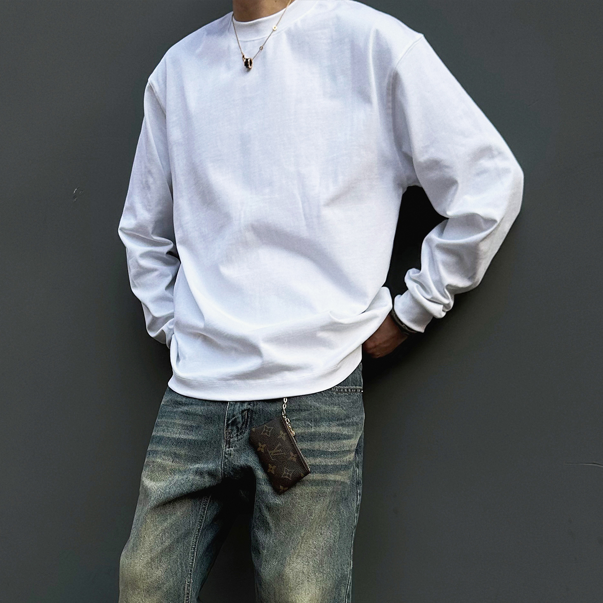 重磅320精梳双纱螺纹纯棉长袖T恤