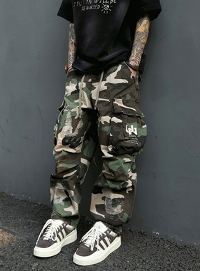 UNAps绿野仙踪美式街头迷彩裤松紧腰补丁刺绣男女直筒工装裤子潮