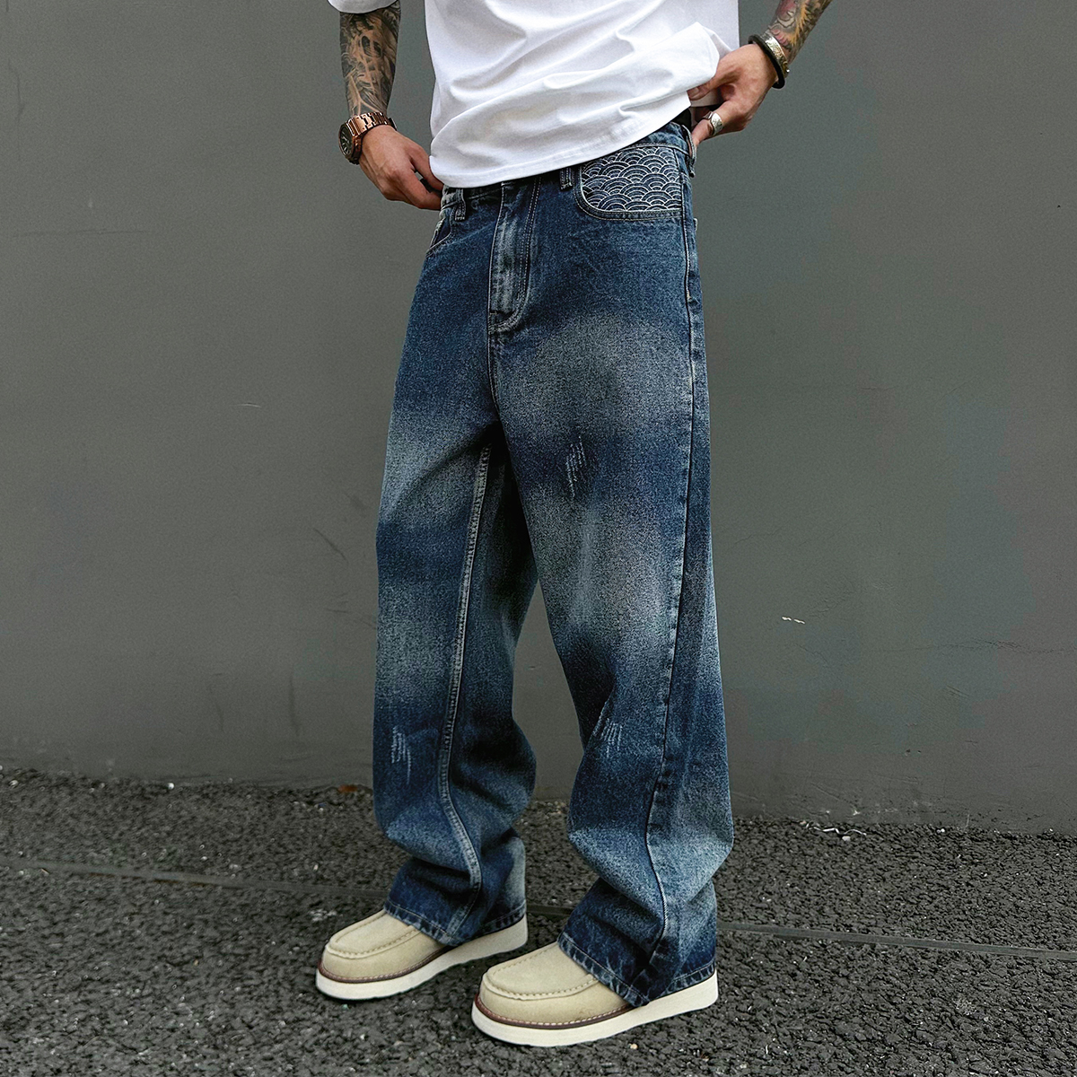 海浪刺绣复古15盎司猫须牛仔裤潮