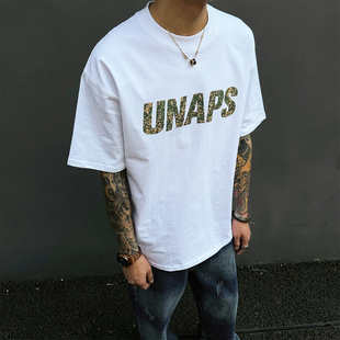 体恤上衣tee T恤男女宽松半袖 UNAps夏季 300克重磅双纱树叶印花短袖